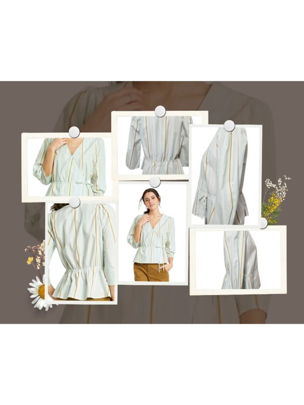Striped Wrap Top With 3/4 Sleeves & Tie Waist - Size L